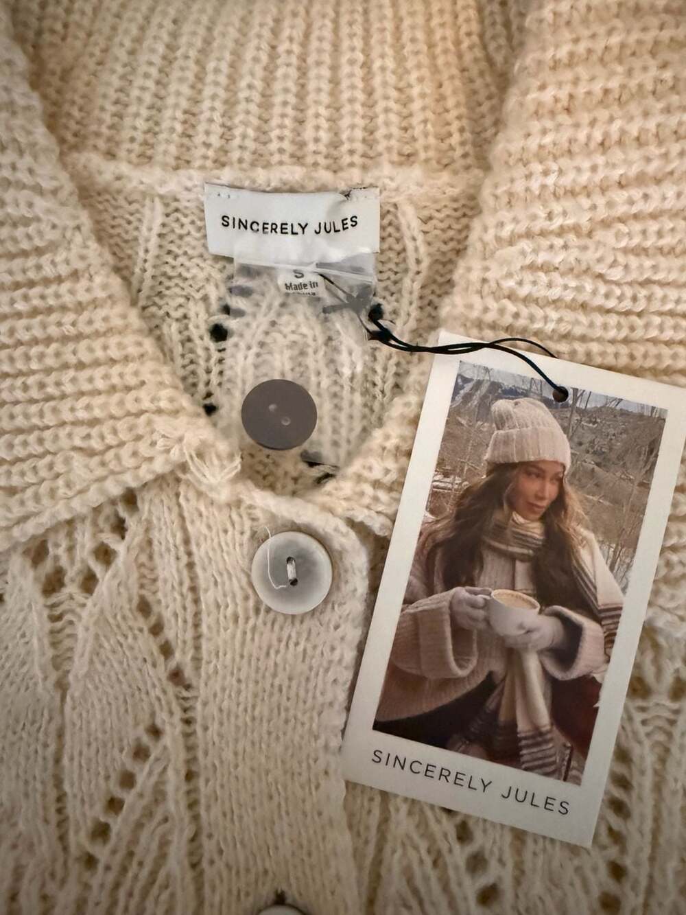 Sincerely Jules Lace Pointelle Knit Button-Up‎ Cardigan with Oversized Collar